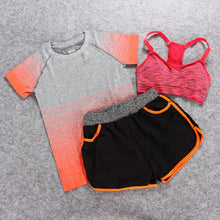 Load image into Gallery viewer, Sportswear 3 Piece Yoga Set Women Gym Cloth Sport Suit Shirt Top+Bra+Shorts Female Workout Athletic Running Fitness Clothing
