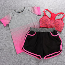 Load image into Gallery viewer, Sportswear 3 Piece Yoga Set Women Gym Cloth Sport Suit Shirt Top+Bra+Shorts Female Workout Athletic Running Fitness Clothing