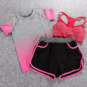 Sportswear 3 Piece Yoga Set Women Gym Cloth Sport Suit Shirt Top+Bra+Shorts Female Workout Athletic Running Fitness Clothing