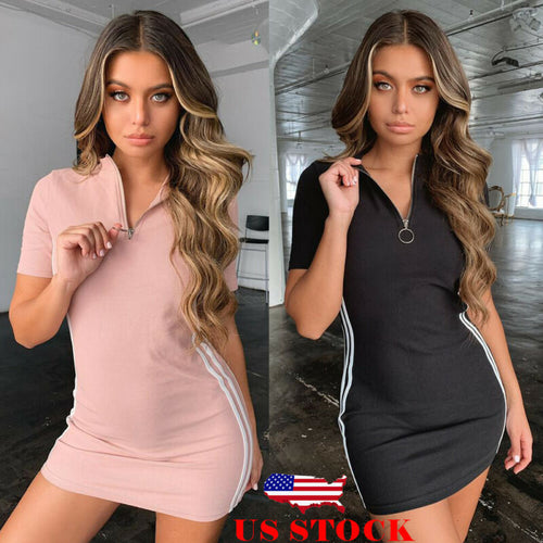 2019 Women Sexy Zipper Solid Striped Pink Casaul Straight V Neck Short Sleeve Bodycon Shirt Dress Casual Mini Dress Sport Dress