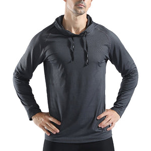 WOSEWE Sport T Shirts Men Long Sleeve hoodie Hooded Caps Comfortable Thin Fabric Anti-Sweat Workout Running Top Male Fitness Gym