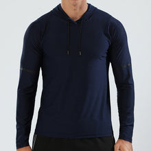 Load image into Gallery viewer, WOSEWE Sport T Shirts Men Long Sleeve hoodie Hooded Caps Comfortable Thin Fabric Anti-Sweat Workout Running Top Male Fitness Gym