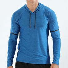 Load image into Gallery viewer, WOSEWE Sport T Shirts Men Long Sleeve hoodie Hooded Caps Comfortable Thin Fabric Anti-Sweat Workout Running Top Male Fitness Gym