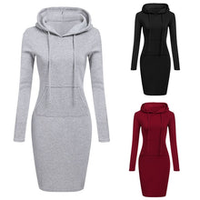 Load image into Gallery viewer, BKMGC High Quality Design Simple Autumn Winter Warm Casual Sport Dress Long-sleeve Women Clothing Hooded Drawstring Pocket Dress