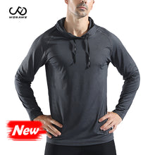 Load image into Gallery viewer, WOSEWE Sport T Shirts Men Long Sleeve hoodie Hooded Caps Comfortable Thin Fabric Anti-Sweat Workout Running Top Male Fitness Gym